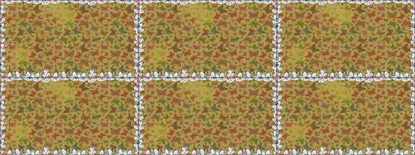 Raster. Kumaş, tekstil, baskı ve davetiye örnekleri. Kusursuz. Kelebek deseni. Sarı ve kahverengi arkaplan üzerine resim.