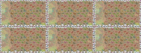 Raster illüstrasyonu. Renkli kelebeklerin kusursuz arka planı. Ambalajlar, duvar kağıtları, kumaş tasarımı ve kağıt için güzel bir arka plan. Bej ve nötr üzerinde sevimli kelebekler.