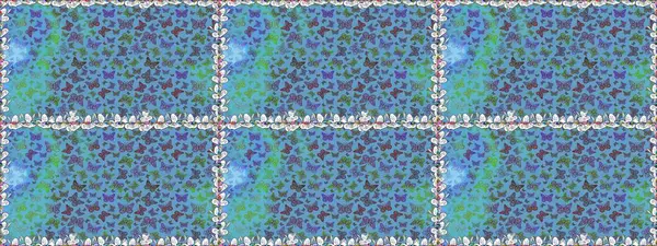 Erkekler, kızlar, kıyafetler, duvar kağıtları için soyut bir model. Mavi ve yeşil renkli resimler. Raster. Bir sürü kelebek desenli kusursuz desen. Fantezi illüstrasyon.