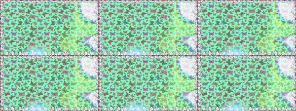 Davetiye, kart ve parmak izi için basit şirin bir model. Mavi ve yeşil arka planda renkli bir kelebek. Renkli güzel halk kelebeklerle kusursuz desen.