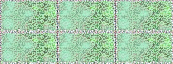 Raster. Kelebeklerle kusursuz desen. Tekstil, kumaş, baskı ve davetiye geçmişi. Tarafsız ve yeşil renklerde gösterim.