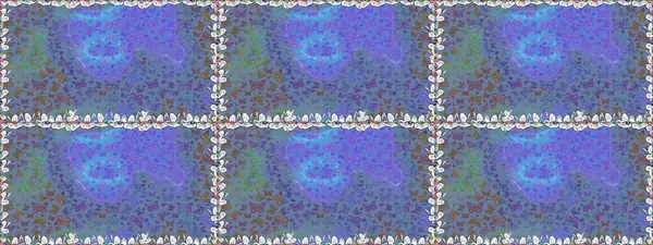 Moda sevimli kumaş tasarımı. Mavi ve menekşe arkaplanda güzel renkli kelebeklerin Raster vintage el çizimi. Raster illüstrasyonu.