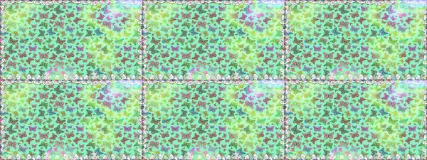 Mavi ve yeşil renkler üzerine illüstrasyon. Kumaş, Tekstil, Baskı ve Davetiye için arka plan. Raster illüstrasyonu. Doğadaki güzellik. Suluboya Biçimli Uçan Kelebeklerle kusursuz desen.