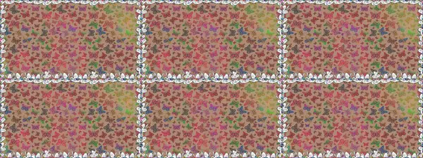 Parlak kelebeklerin kusursuz arka planı. Kumaş için uygun. Güzel renkli kelebekler kaotik bir şekilde bej ve kahverengi renklerde uçarlar. Raster. Uçan güvelerle kusursuz çok renkli arkaplan.