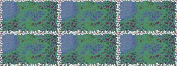 Egzotik Kelebeklerle tropik ve pürüzsüz bir düzen. Moda Kumaşı Tasarımı. Raster. Yeşil ve mavi renkli illüstrasyon.