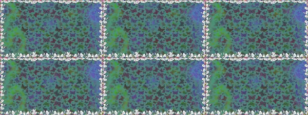 Mavi ve yeşil kelebek deseni. Giysi tasarımı için dekor arka planı. Parmak izi dokuları için sevimli kelebek deseni. Raster illüstrasyonu.