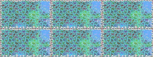 Karala, karala, karala. Raster illüstrasyonu. Kusursuz desen. Mavi ve yeşil renkler üzerine illüstrasyon. Tekstil baskısı için ekose kelebek.