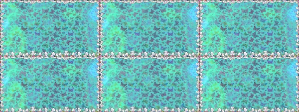 Duvar kağıdı için böcek dokusunun tekrarı. Bahar Kelebeği teması. Raster illüstrasyonu. Mavi ve yeşil lekeli güzel, pürüzsüz kelebek kumaşı..