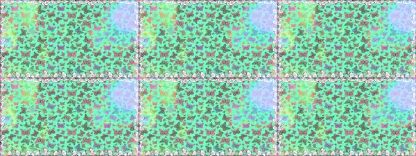 Raster illüstrasyonu. Tekstil, duvar kâğıtları, web sayfası arkaplanları ve yüzey dokuları için mükemmel. Mavi ve nötr renklerdeki renkli kelebeklerin kusursuz arka planı.