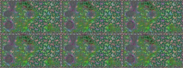 Yeşil ve gri arka planda renkli kelebekler. Paketleme, kağıt ve kumaş için uygun. Kelebeklerle renklendirilmiş, pürüzsüz bir desen.