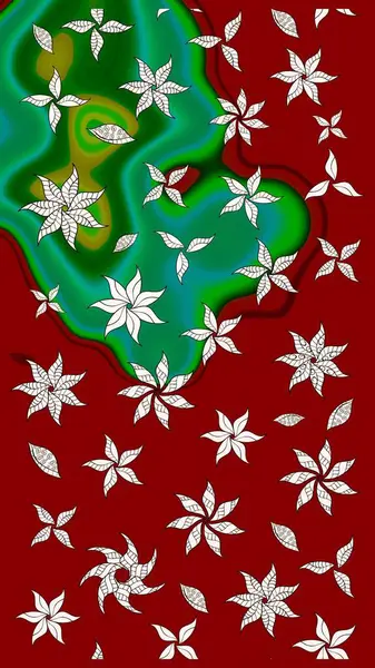 Raster illüstrasyonu. Raster illüstrasyonu. Çiçek desenli çizim. Kırmızı renkte çiçekler. Asya tekstil tarzında.