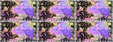 Çiçeksiz desenli, suluboya elle çizilmiş elementler. Parlak renkli fantezi çiçekleri, yapraklar, nötr ve mor renkli tomurcuklar, nötr ve mor.