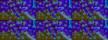 Raster illüstrasyonu. El çizimi çiçekli soyut çizim kalıbı. Mavi renkte çiçekler.