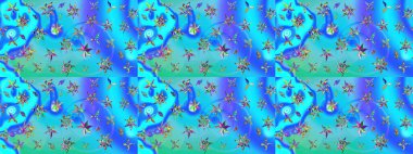 Mavi renkli Asya tekstili. Raster illüstrasyonu. Çiçek desenini çiz.