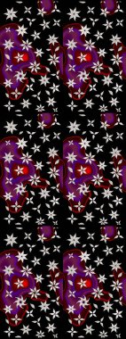 Retro tekstil tasarım koleksiyonu. Çiçekli ipek eşarp. El çizimi çiçek unsurları olan soyut çizim raster deseni. 1950-1960 motifleri. Siyah üstüne siyah..