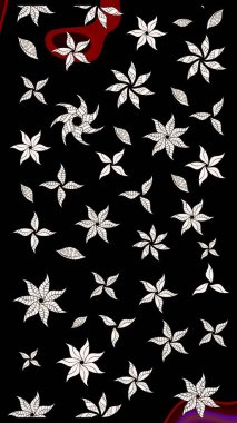 Raster Floral Illustration, Asyalı tekstil. Siyah renkli etnik çiçeklerle zarif eskiz deseni.