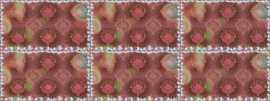 Raster - stok. Kusursuz bir arka plan modeli. Yapraklı çiçekler ve kahverengi renkli papatya çiçekleri..