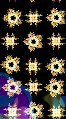 Kışın sembolü, mutlu noeller, mutlu yeni yıl kutlaması Raster illüstrasyonu. Basit bir kar tanesi. Siyah, sarı ve kahverengi renkler üzerine illüstrasyon. Soyut duvar kağıdı, ambalaj dekorasyonu.