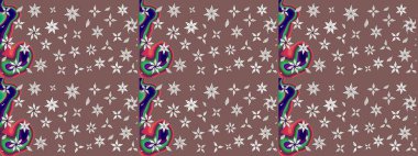 Raster illüstrasyonu. Çiçek ve yapraklı karalama şeklinde Raster çiçek deseni. Yumuşak, bahar çiçekleri kahverengi renklerde.