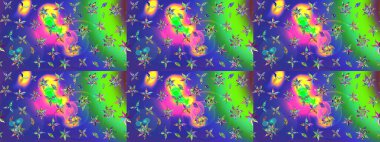 Raster deseni. Raster illüstrasyonu. Patlayan çiçekler soyut olarak yerleştirilmiş. Yumuşak, bahar çiçekleri mavi renklerde.