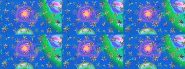 Dallı bahar çiçekleriyle desen, mavi renklerle çiçek siluetiyle desen. Raster deseni.