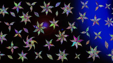 Çok renkli, zarif küçük çiçekler ve siyah renkli komik böcekler, raster desen, illüstrasyon..