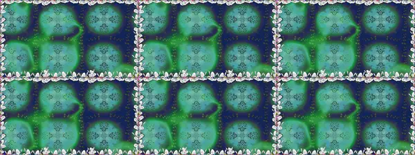 Yeşil ve mavi renkte çiçekler. Renkli Bahar Temalı Kusursuz Arkaplan. Düz Çiçek Elementleri Tasarımı. Raster illüstrasyonunda kusursuz çiçek deseni.