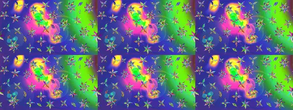 Raster deseni. Raster illüstrasyonu. Patlayan çiçekler soyut olarak yerleştirilmiş. Yumuşak, bahar çiçekleri mavi renklerde.