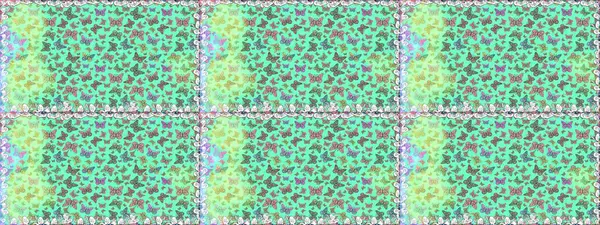 Mavi ve yeşil soyut arka planda gece kelebekleri. Kumaş, tekstil, baskı ve davetiye. Kusursuz. Raster illüstrasyonu.