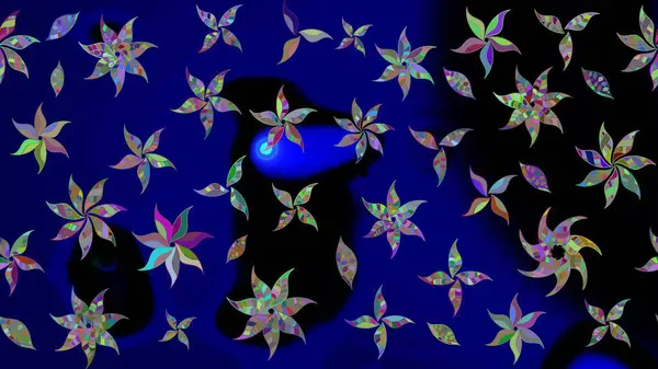 Sanat çiçeklere ilham verir ve arka planda izler bırakır. Raster deseni. Mavi el çizimi desen. Karalama çiçekleri çizim deseni.