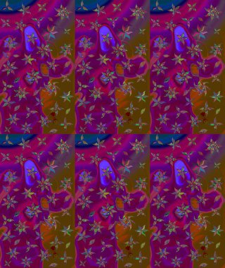 El çizimi çiçek unsurları olan soyut çizim raster deseni. Çiçekli ipek eşarp. Mor üstüne mor. 1950-1960 motifleri. Retro tekstil tasarım koleksiyonu.