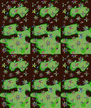 Kahverengi renkte çok kahverengi, zarif küçük çiçekler ve komik böcekler, raster desen, illüstrasyon.