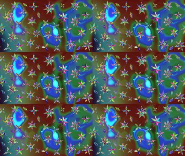 Raster Floral Illustration, Asyalı tekstil. Mavi renkli etnik çiçeklerle zarif eskiz deseni.