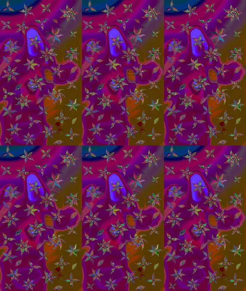 El çizimi çiçek unsurları olan soyut çizim raster deseni. Çiçekli ipek eşarp. Mor üstüne mor. 1950-1960 motifleri. Retro tekstil tasarım koleksiyonu.