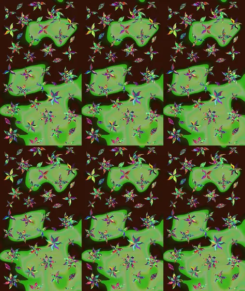 Kahverengi renkte çok kahverengi, zarif küçük çiçekler ve komik böcekler, raster desen, illüstrasyon.