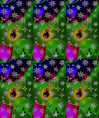 Çok yeşil zarif küçük çiçekler ve yeşil renkli komik böcekler, raster desen, illüstrasyon.