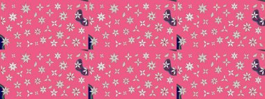 Raster düz çiçek çizim deseni. Hediye ambalaj kağıdı, tebrik kartları, posterler ve pankart tasarımı. Pembe renkte çiçekler.