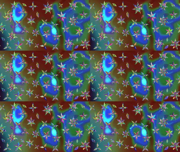 Raster Floral Illustration, Asyalı tekstil. Mavi renkli etnik çiçeklerle zarif eskiz deseni.