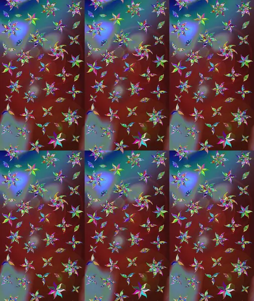 Raster deseni. Raster illüstrasyonu. Patlayan çiçekler soyut olarak yerleştirilmiş. Yumuşak, bahar çiçekleri kahverengi renklerde.