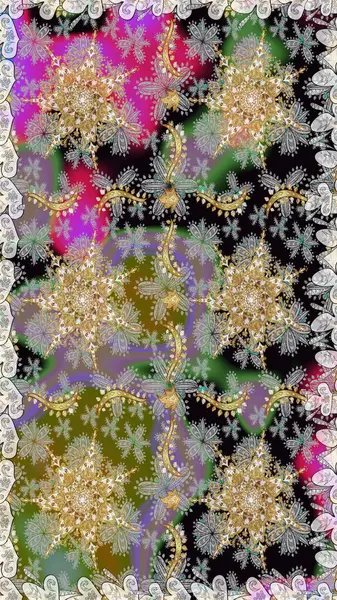 Raster illüstrasyonu. Süslü dekorasyon. Damask altın soyut çiçek gri renklerde pürüzsüz desen.