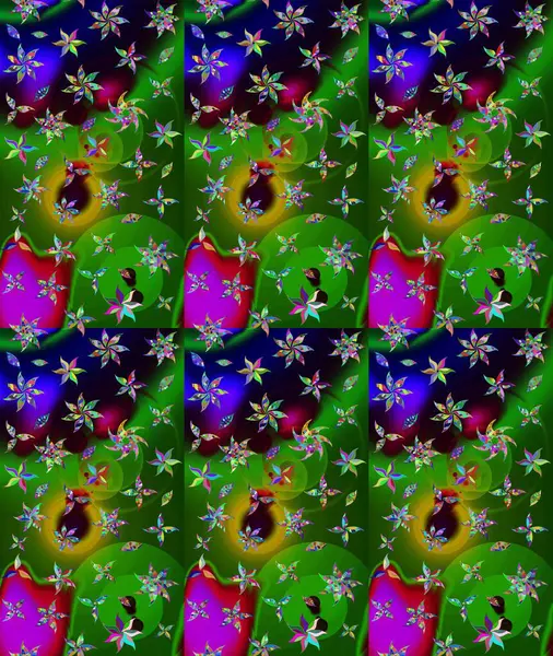 Çok yeşil zarif küçük çiçekler ve yeşil renkli komik böcekler, raster desen, illüstrasyon.