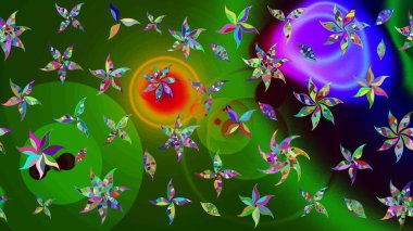 Suluboya elle çizilmiş çiçek desenli eskiz deseni. Parlak renkli fantezi çiçekleri, yapraklar, yeşil renkli tomurcuklar.