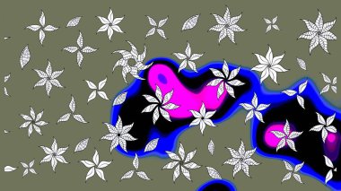 Çok yeşil zarif küçük çiçekler ve yeşil renkli komik böcekler, raster desen, illüstrasyon.