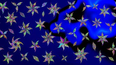 Çiçekli karalama şeklinde Raster çiçek deseni. Mavi renkli çiçekler. Nazik, sevimli çiçek arkaplanı..