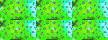 Bir sürü yeşil ve soyut çiçekli tropik eskiz deseni. Varicologreen Raster çizimi. Küçük çiçekte sevimli çiçek deseni var..