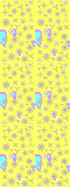 Çiçek desenli çizim. Sarı renkli çiçekler. Raster illüstrasyonu. Asya tekstil tarzında. Raster illüstrasyonu.