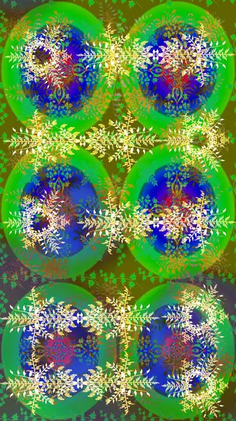 Yeşil, mavi ve kahverengi renkler. Noel ve yeni yıl moda baskıları için tatil tasarımı. Raster illüstrasyonu. Kar tanelerinin soyut arkaplanlı Noel deseni.