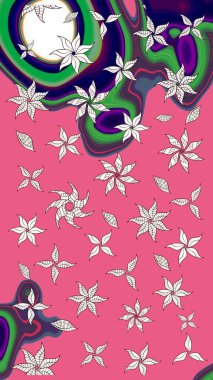 Renkli Bahar Teması eskiz kalıbı. Asya tekstil tarzında. Çiçek desenli çizim. Raster illüstrasyonu. Güzel kumaş deseni. Düz Çiçek Elementleri Tasarımı.