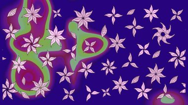 Suluboya elle çizilmiş çiçek desenli eskiz deseni. Parlak renkli fantezi çiçekleri, yapraklar, mavi renkli tomurcuklar.