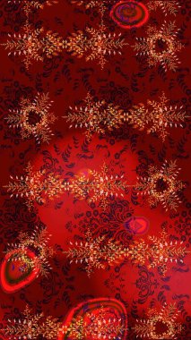 Raster illüstrasyonu. Noel ve yeni yıl moda baskıları için tatil tasarımı. Kırmızı, kahverengi ve siyah renkler. Kar tanelerinin soyut arkaplanlı Noel deseni.